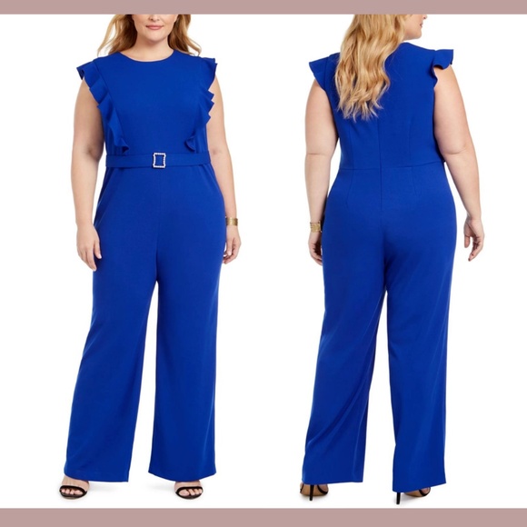 NEW $128 Betsey Johnson‎ [ PLUS 16W ] Ruffle Belted Jumpsuit in Marine Blue - Picture 1 of 12